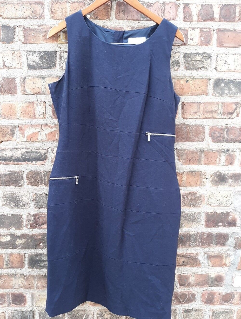 Calvin Klein Navy Blue Sheath Dress 12 Exposed Zipper Detail Pockets